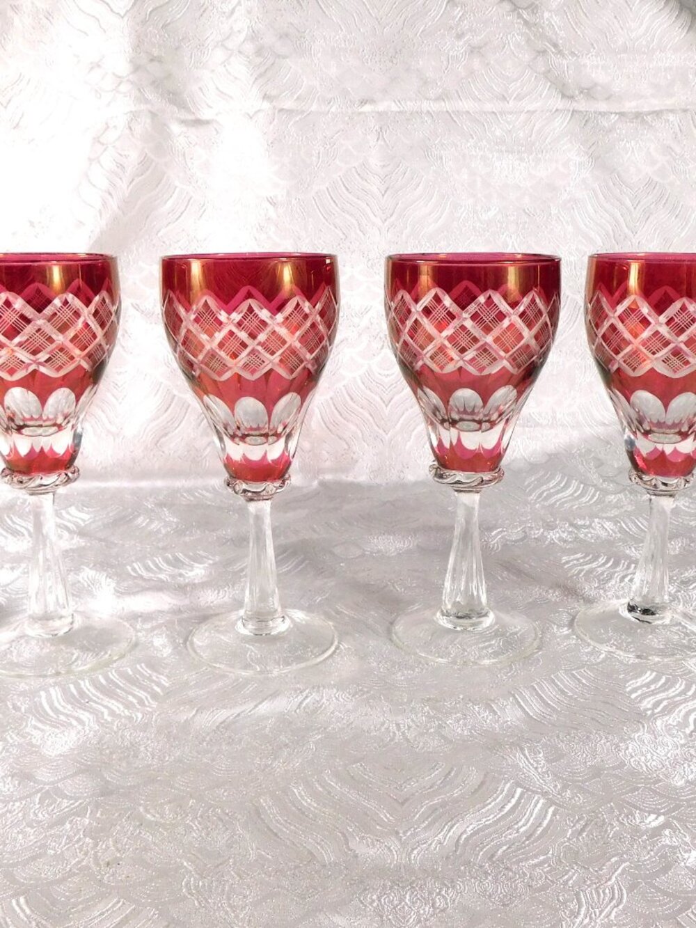 Set of Four Unmarked Pink Cut to Clear Stemware Glasses # 27526